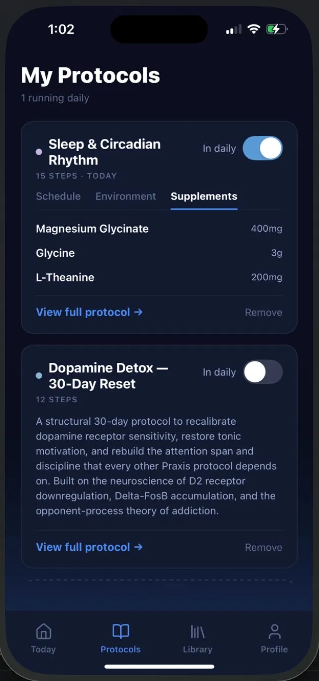 Praxis My Protocols — manage your daily stack of active protocols