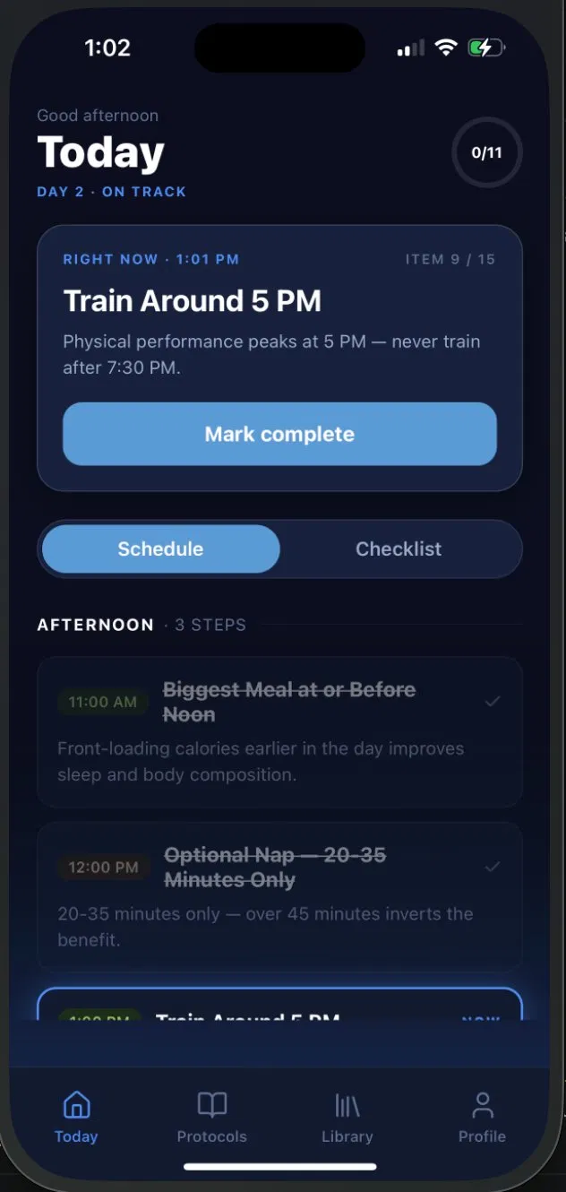 Praxis Today screen — your daily protocol schedule built around your wake time